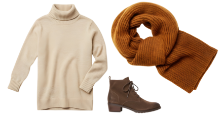Cozy Fall Fashion Set with Beige Sweater, Brown Boots, and Rust Scarf on Transparent Background