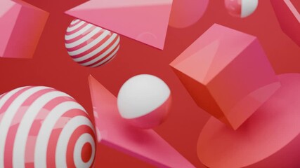 Abstract 3D Pink spheres cubes and cones float on a red background. Gradient abstract 3D seamless loop - motion background for creative video project. - Powered by Adobe