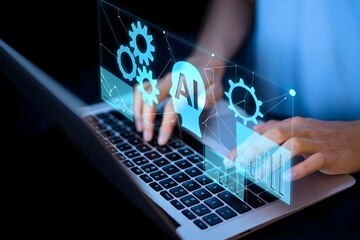 AI agent and intelligent automation IA technology. Business process automation BPA system. Businessman using laptop computer to give instructions to AI at desk in office.