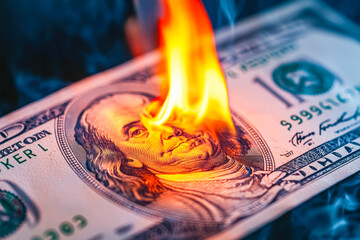 A hundred-dollar bill on fire, symbolizing financial loss or destruction