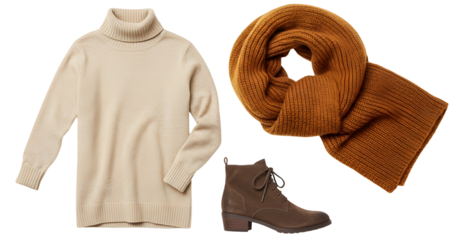 Cozy Fall Fashion Set with Beige Sweater, Brown Boots, and Rust Scarf on Transparent Background