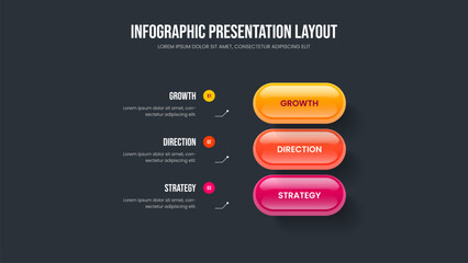 Product Plan Three Step Infographic Slide Template. Investor Growth 3 Element Diagram Presentation Design. Enterprise Profile Frame Layout Vector Illustration.