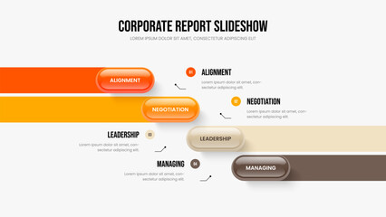 Corporate Introduction 4 Step Infographic Frame Layout. Financial Growth Four Element Diagram Presentation Design. Investor Performance Slide Template Vector Illustration.