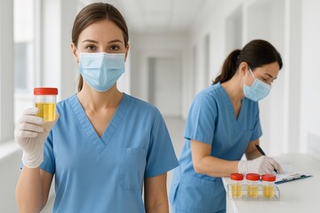 Medical professionals collecting urine samples in clinic for diagnostics and health assessment. concept of medical testing, professional healthcare, lab procedures