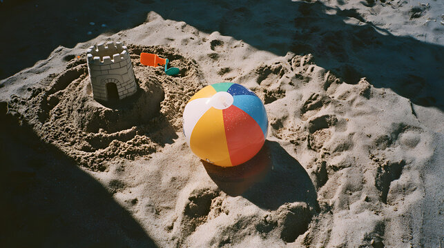 Sandcastle and Beach Ball on Sand at Beach