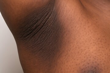 Close up of dark hyperpigmented armpit skin with folds in person of African descent. Concept of acanthosis nigricans, insulin resistance, skin pigmentation disorder, diabetes symptom, dermatology care