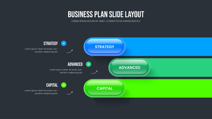 Professional Overview Presentation Template Vector Illustration. Advertising Profile Three Element Infographic Frame Design. Service Strategy 3 Option Diagram Slideshow Layout.