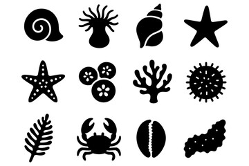Marine life silhouettes: ocean creatures and plants in minimalist design
