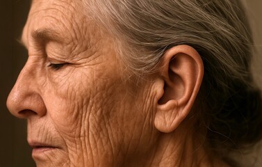 Obraz premium Close-up of elderly woman with graceful aging and deep expression on her wrinkled face, representing wisdom and time passage. concept of beauty, serenity, human experience