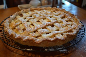Homemade apple pie featuring a beautifully woven lattice crust, dusted with icing sugar, cooling on a wire rack in a cozy kitchen