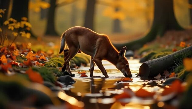 Dhole drinking water from a stream