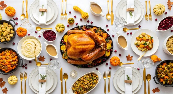AI Generated Top-Down View of a Traditional Thanksgiving Dinner Feast