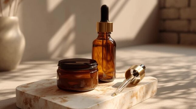 Natural skincare set on stone surface: includes dropper bottle, cream jar, and applicator spoon in warm light.