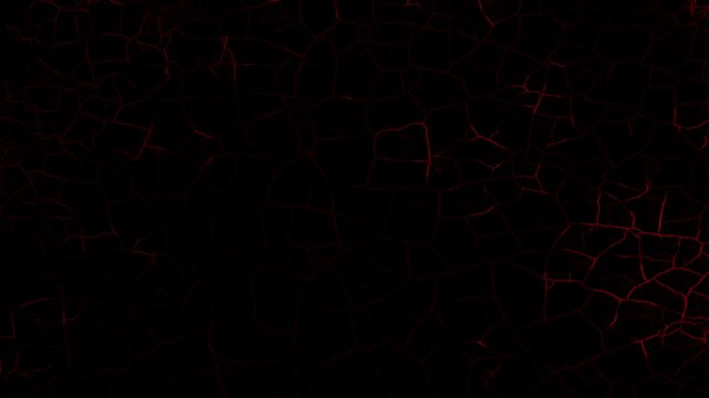 Red Intense Glowing Cracks in Black Surface 4K Loop features a black surface filled with cracks with red light animating through the cracks in a loop.