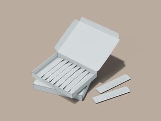 A white open box containing several blank strips. The box is placed on a beige background. The strips are neatly arranged inside the box.
