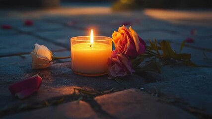 A warm candle in front of rose petals at night. - Powered by Adobe