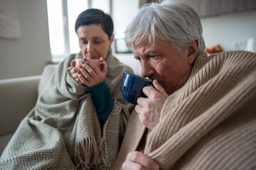 Weakened older couple wrapped together drink herbal hot tea, fever physical exhaustion. Home...