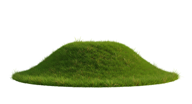 A solitary, undulating hill of vibrant lush green grass with detailed blades and subtle golden-brown patches, full object, against immaculate transparent seamless studio background with even lighting,