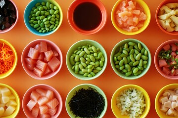 Overhead view of various poke bowl ingredients arranged in colorful bowls, creating a vibrant and appetizing display