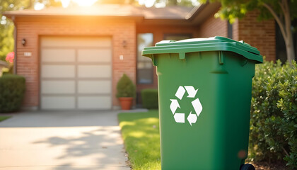 Color-coded recycling bin near garage on sunny suburban day
