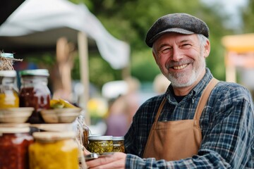 Smiling senior farmer selling homemade preserved foods in jars at a bustling farmers market stall, sharing local produce with the community