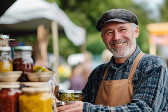 Smiling senior farmer selling homemade preserved foods in jars at a bustling farmers market stall, sharing local produce with the community