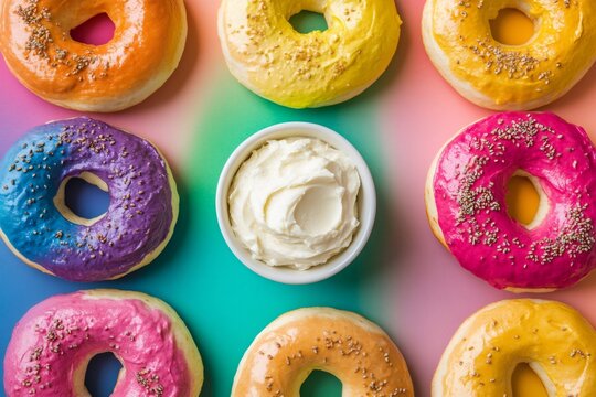 Vibrant rainbow bagels encircle a bowl of cream cheese, creating a colorful and appetizing overhead composition on a gradient backdrop - Powered by Adobe