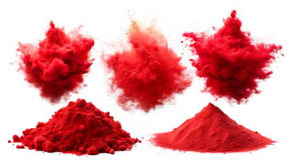  set of powder explosion red holi powder red smoke isolated on white background PNG, AI GENERATED