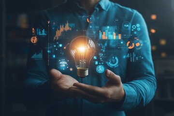 Business Innovation and Analytics Concept with Light Bulb and Data Visualization in Hand
