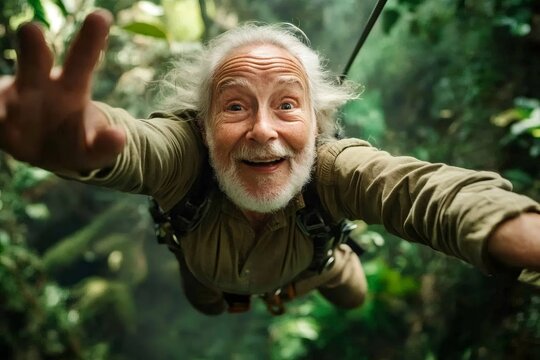 Happy senior tourist enjoying zip line adventure in the rainforest, extreme sport and active lifestyle for older people - Powered by Adobe