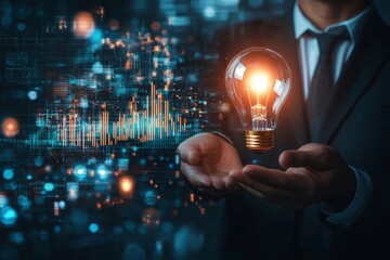Business Innovation and Analytics Concept with Light Bulb and Data Visualization in Hand
