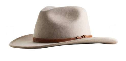 Beige felt hat with a brown leather band on a white background, png, transparent
