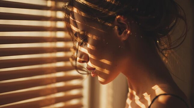 Portrait of a woman with light and shadow patterns cast by window blinds on her face and upper body