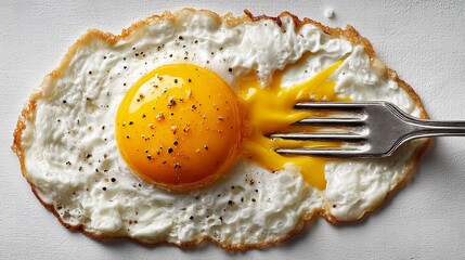 Fried egg with a perfectly cooked yolk, golden and runny, is being pierced by a fork, showcasing delicious breakfast food on a transparent background for culinary use	