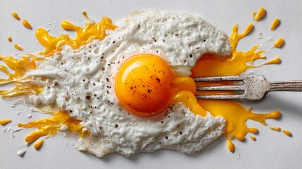 Fried egg with a perfectly cooked yolk, golden and runny, is being pierced by a fork, showcasing delicious breakfast food on a transparent background for culinary use	