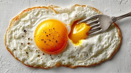 Fried egg with a perfectly cooked yolk, golden and runny, is being pierced by a fork, showcasing delicious breakfast food on a transparent background for culinary use	
