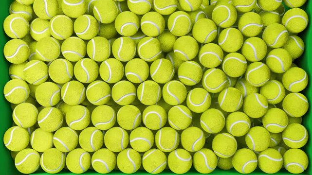Looping 3D animation of falling tennis balls filling the screen and dropping away
