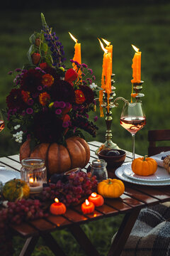 Cozy autumn table decoration for a thanksgiving party outdoors. Grapes, fig, rose wine, candles, pumpkins as decor. Elegant wedding fall arrangement, beautiful setting for a romantic proposal