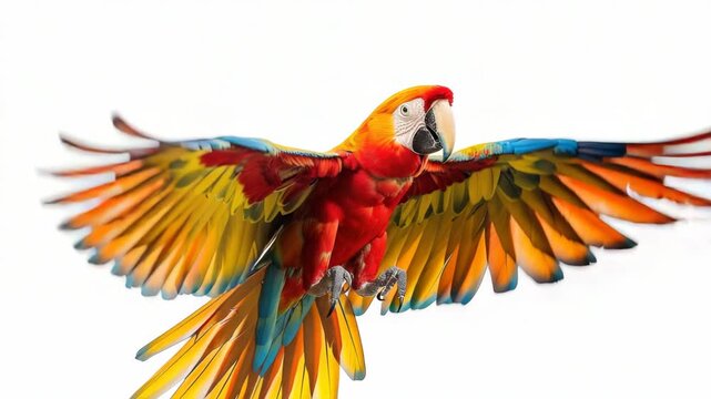 This  captures a vivid scene of a parrot in flight against a white background. The bird's wings are fully spread, showcasing the stunning colors and detail of its feathers.