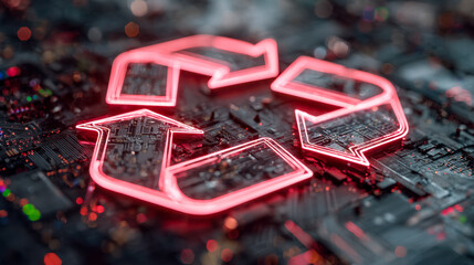 Neon recycling symbol illuminated on a circuit board background