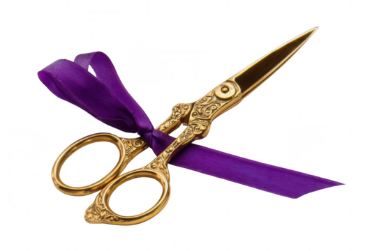 Vintage antique gold scissors with a purple ribbon on a white background, png, transparent