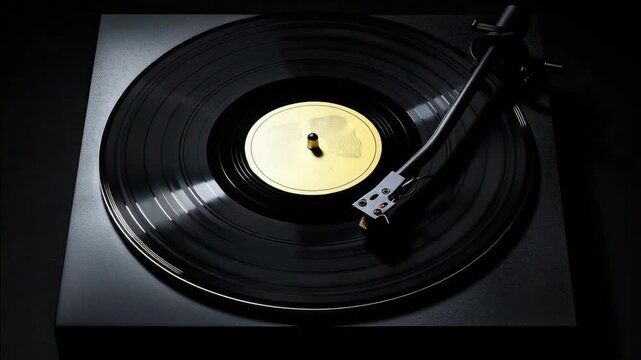 Vinyl record on turntable with tonearm resting on a record disc. Phono cartridge is not touching the vinyl disc.