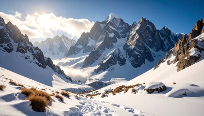 Obraz premium Hiking Trail Through Snowy Mountain Valley on Sunny Winter Day