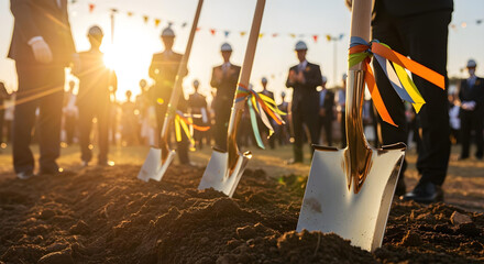 Ceremonial shovels in soil at festive groundbreaking event
