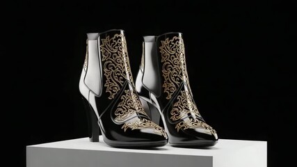 Elegant women's black ankle boots with gold ornament on high heels, displayed on pedestal, fashion focus