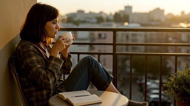 Young woman sipping coffee on balcony, notebook and pen nearby, self-reflection moment, cozy ambiance