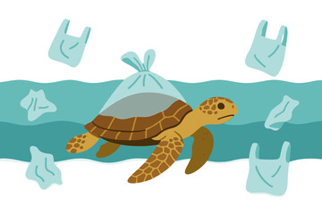 World ocean day and International plastic bag free day, vector illustration of a sea turtle trapped in a plastic bag, promoting a plastic-free lifestyle to save nature and the ocean
