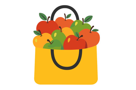Vector illustration of a reusable market bag with zero waste and apples