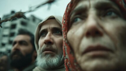 Resilient faces emerge from a cracked cityscape, embodying strength amidst despair. A poignant reminder of survival in Gaza, echoing themes of hope and endurance.
