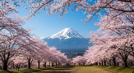 Mount Fuji framed by cherry blossom trees in full bloom. A breathtaking view of spring in Japan with vibrant pink flowers under a clear blue sky.